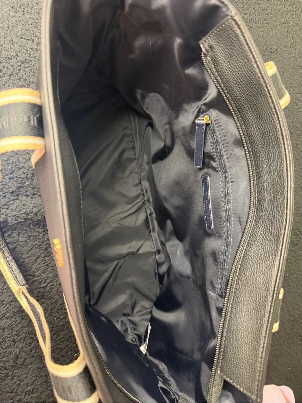 Tommy Hilfiger Black Pebbled Tote with Cream and Black Striped Webbing Straps